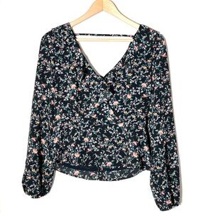 ROW A black floral ruffled blouse top shirt size medium M B196